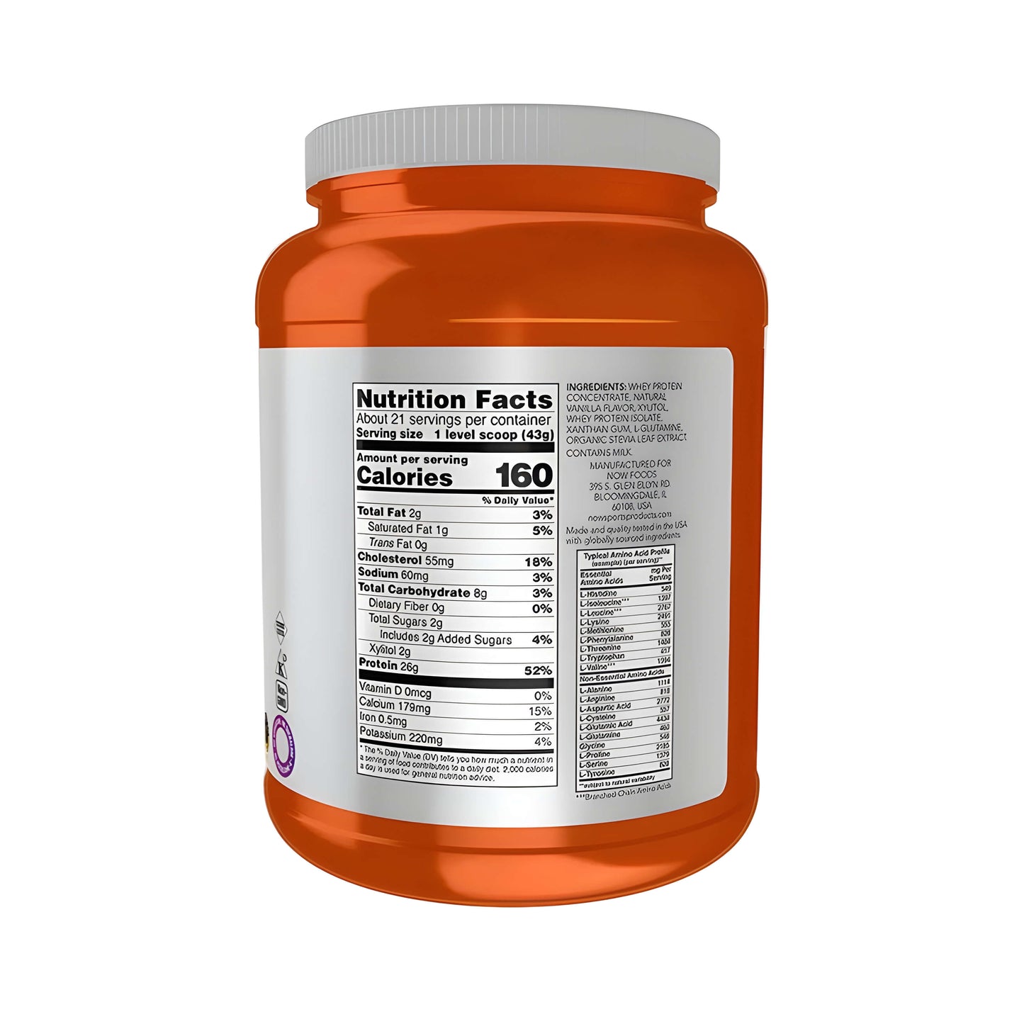 Whey Protein Creamy Vanilla von NOW Foods ohne Zuckerzusatz und Aspartam, mit natürlichem Vanillearoma, Stevia, Xylit, hochwertigem Molkenprotein und optimaler Löslichkeit für tägliche Proteinversorgung.